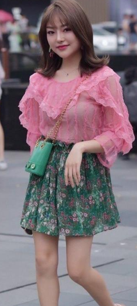 Pink floral top and green gauze skirt