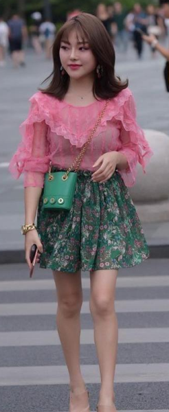 Pink floral top and green gauze skirt