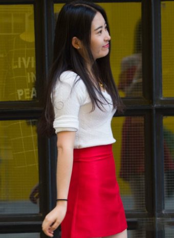 White top with red skirt 