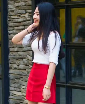 White top with red skirt 