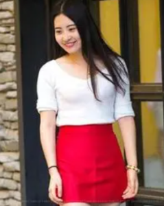 White top with red skirt