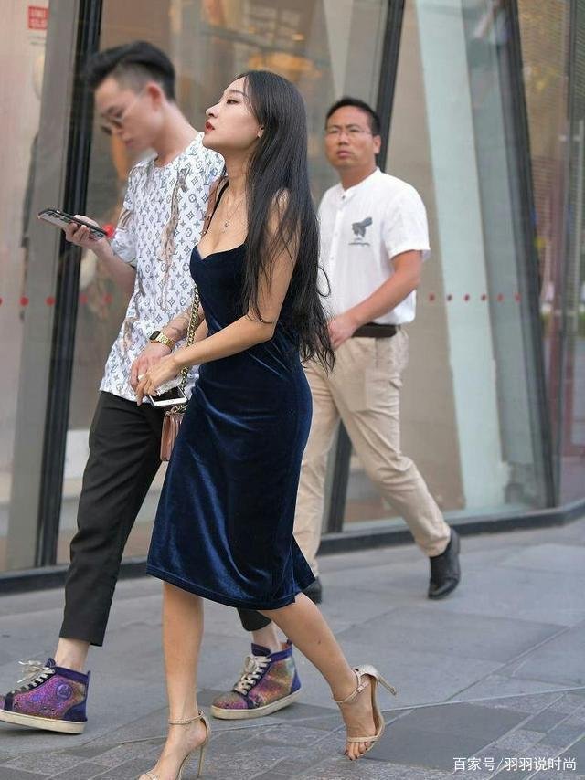 Royal blue velvet dress with high heels