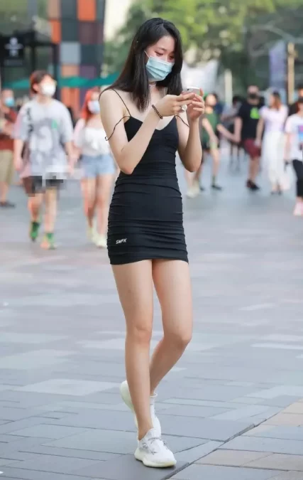 Black Tight Short Dress With White Sports Shoes 